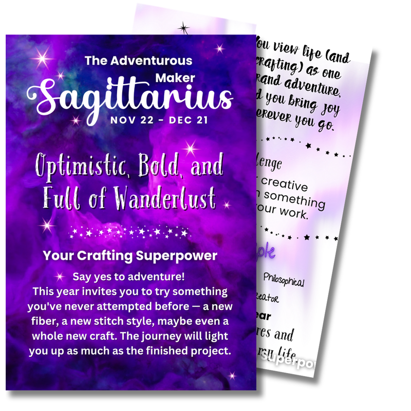 Sagittarius Zodiac 5x7 keepsake card, The Adventurous Maker, shown front and back