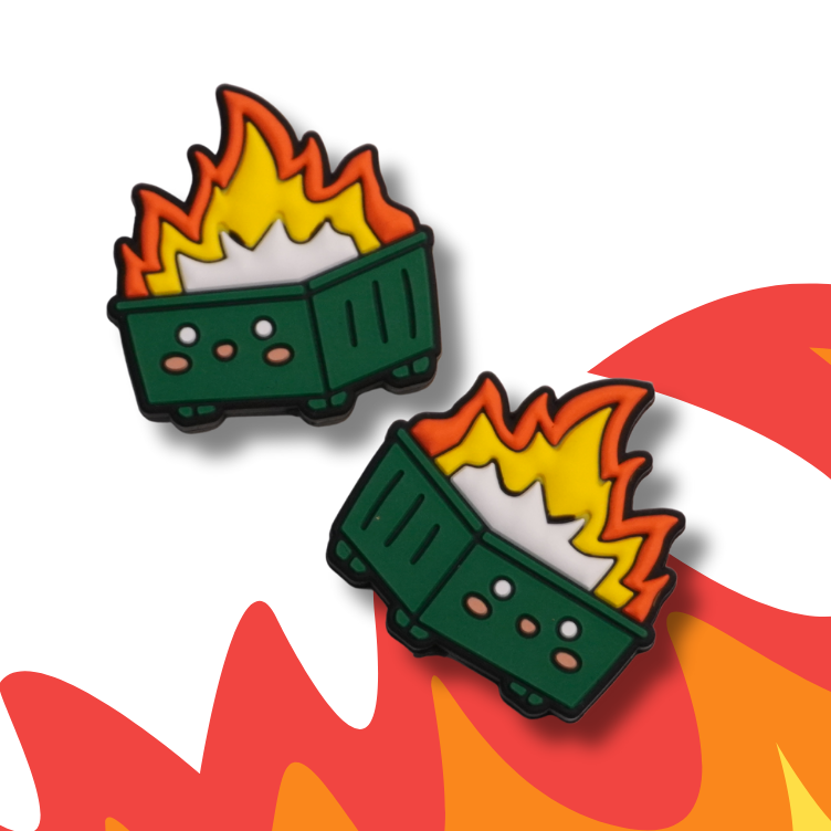 Two cartoon-style trash cans on fire with flames and smoke on a white background