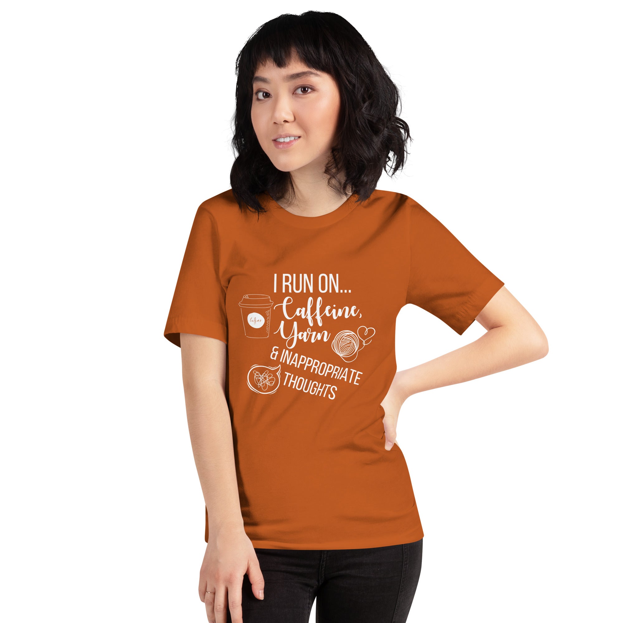 "I Run On Caffeine, Yarn, & Inappropriate Thoughts" Unisex Scoop Neck T-shirt, White Text On Dark Fabric