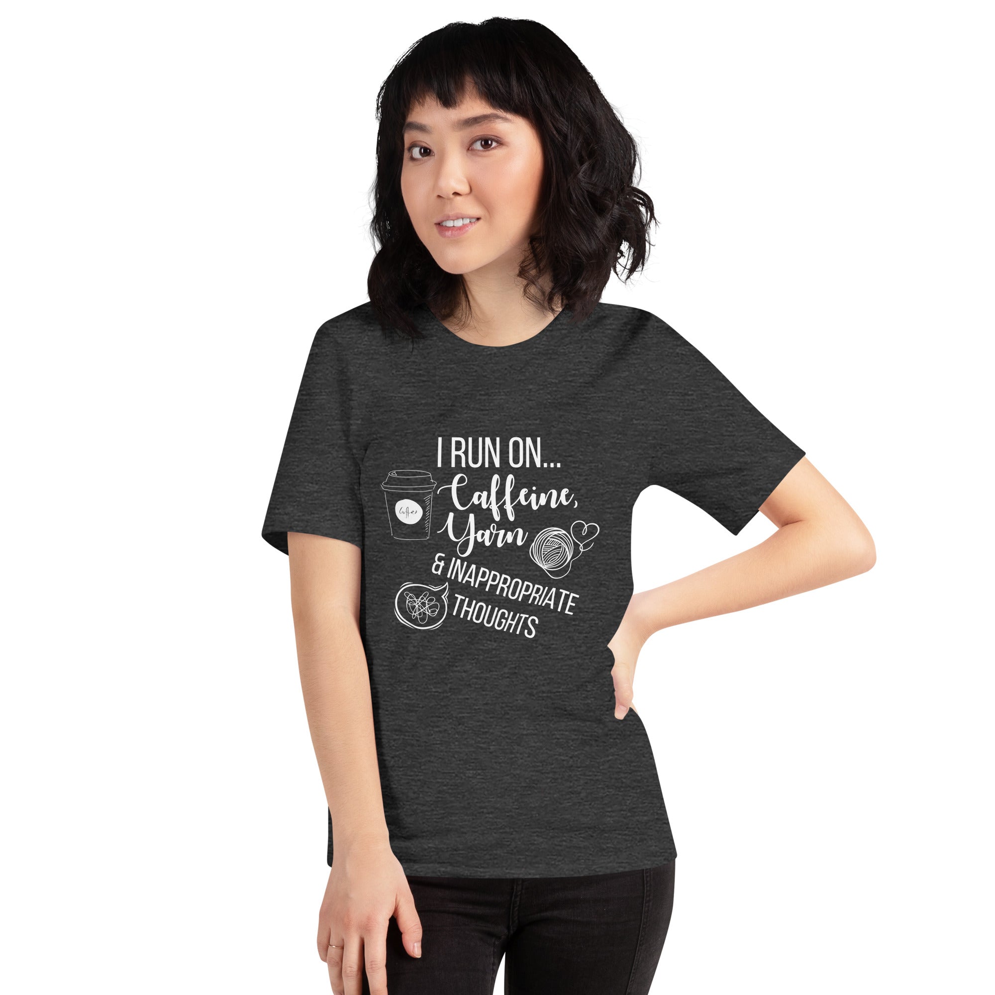 "I Run On Caffeine, Yarn, & Inappropriate Thoughts" Unisex Scoop Neck T-shirt, White Text On Dark Fabric