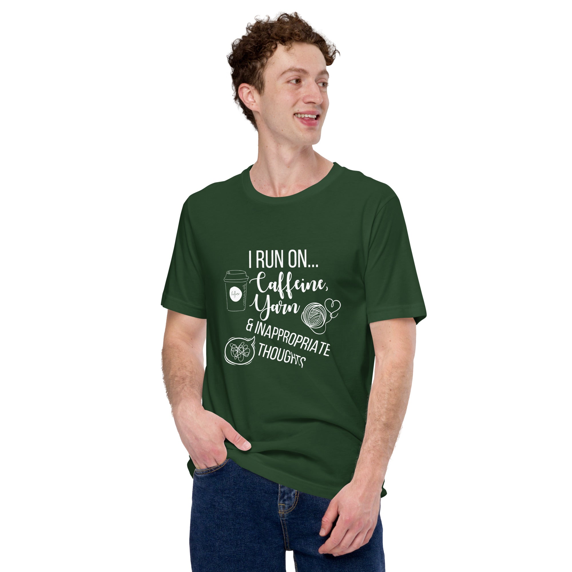 "I Run On Caffeine, Yarn, & Inappropriate Thoughts" Unisex Scoop Neck T-shirt, White Text On Dark Fabric