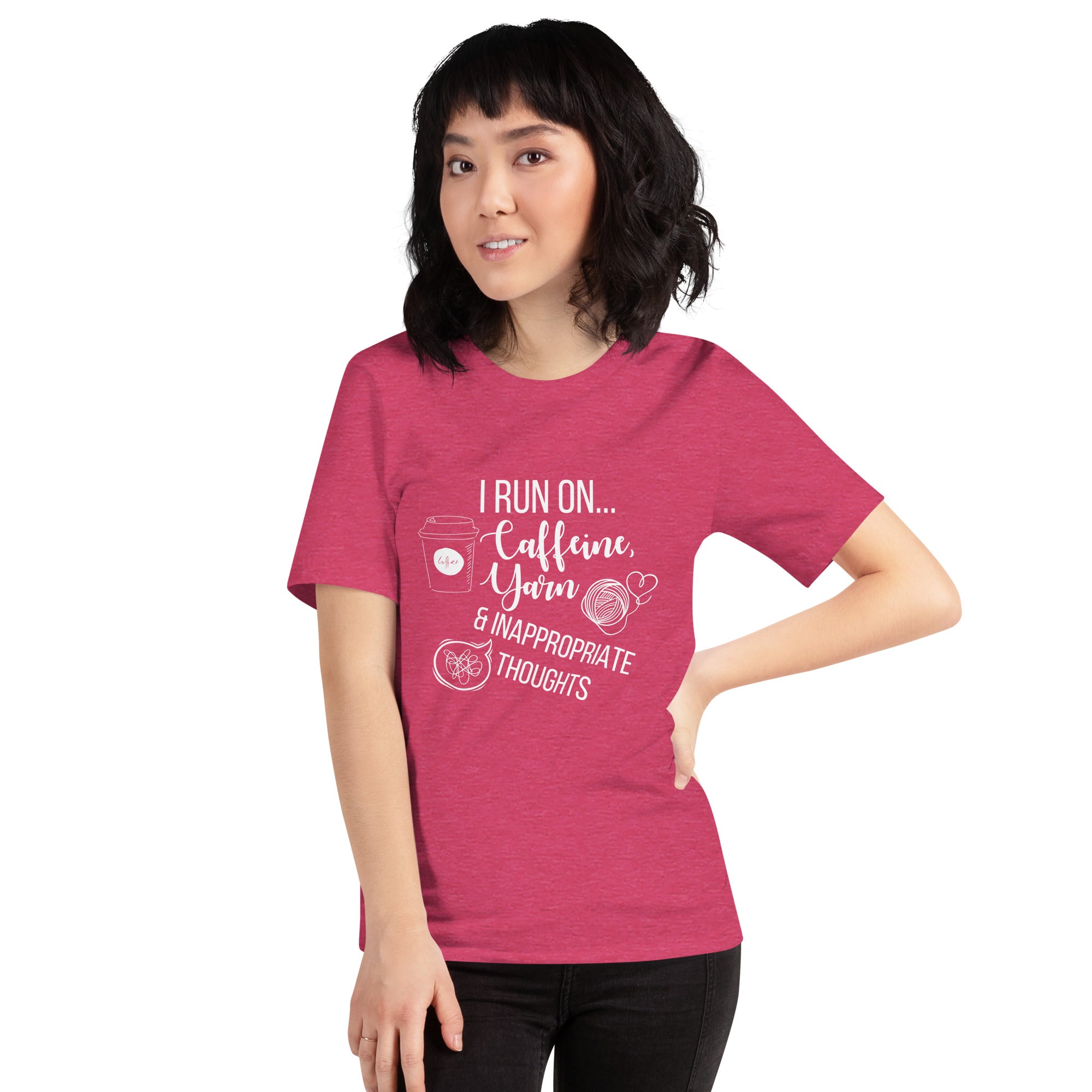 "I Run On Caffeine, Yarn, & Inappropriate Thoughts" Unisex Scoop Neck T-shirt, White Text On Dark Fabric
