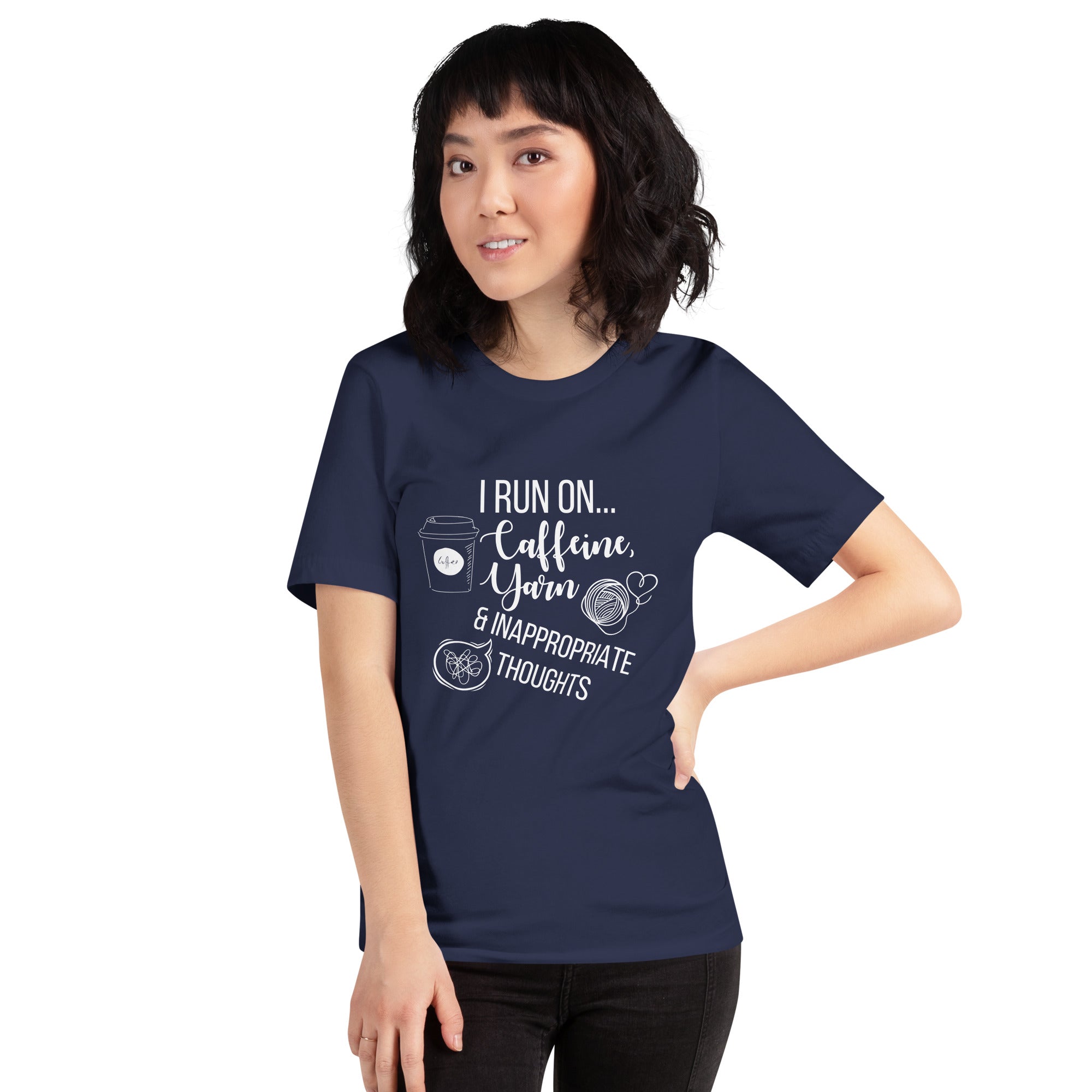 "I Run On Caffeine, Yarn, & Inappropriate Thoughts" Unisex Scoop Neck T-shirt, White Text On Dark Fabric