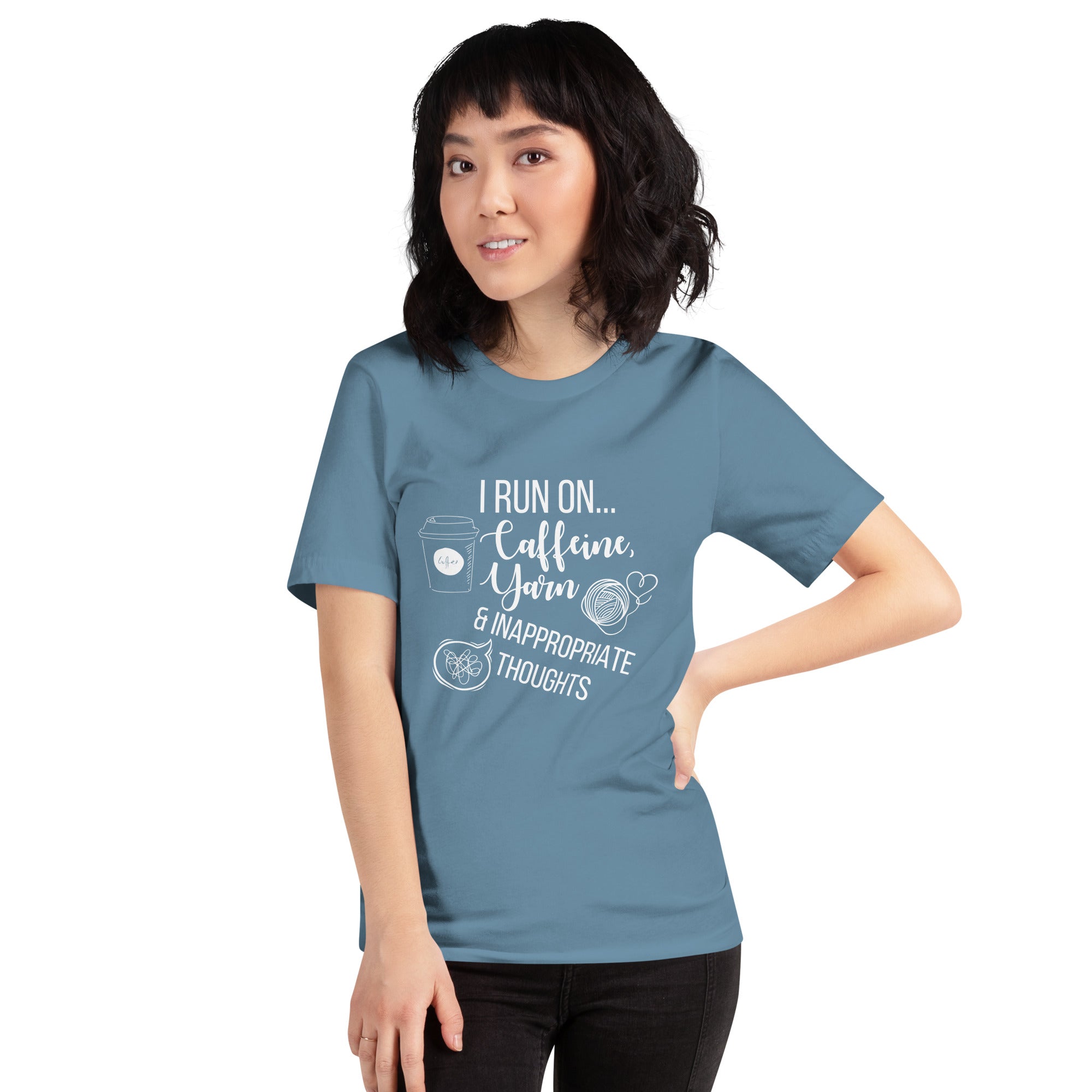 "I Run On Caffeine, Yarn, & Inappropriate Thoughts" Unisex Scoop Neck T-shirt, White Text On Dark Fabric