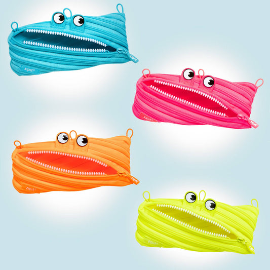 ZIPIT neon monster pouches in blue, pink, orange, and yellow with googly eyes