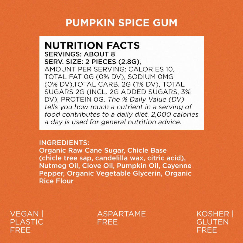 Back of the Simply Gum pumpkin spice box with nutrition facts and ingredients