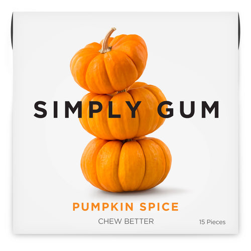 Simply Gum pumpkin spice chewing gum box with stacked pumpkins