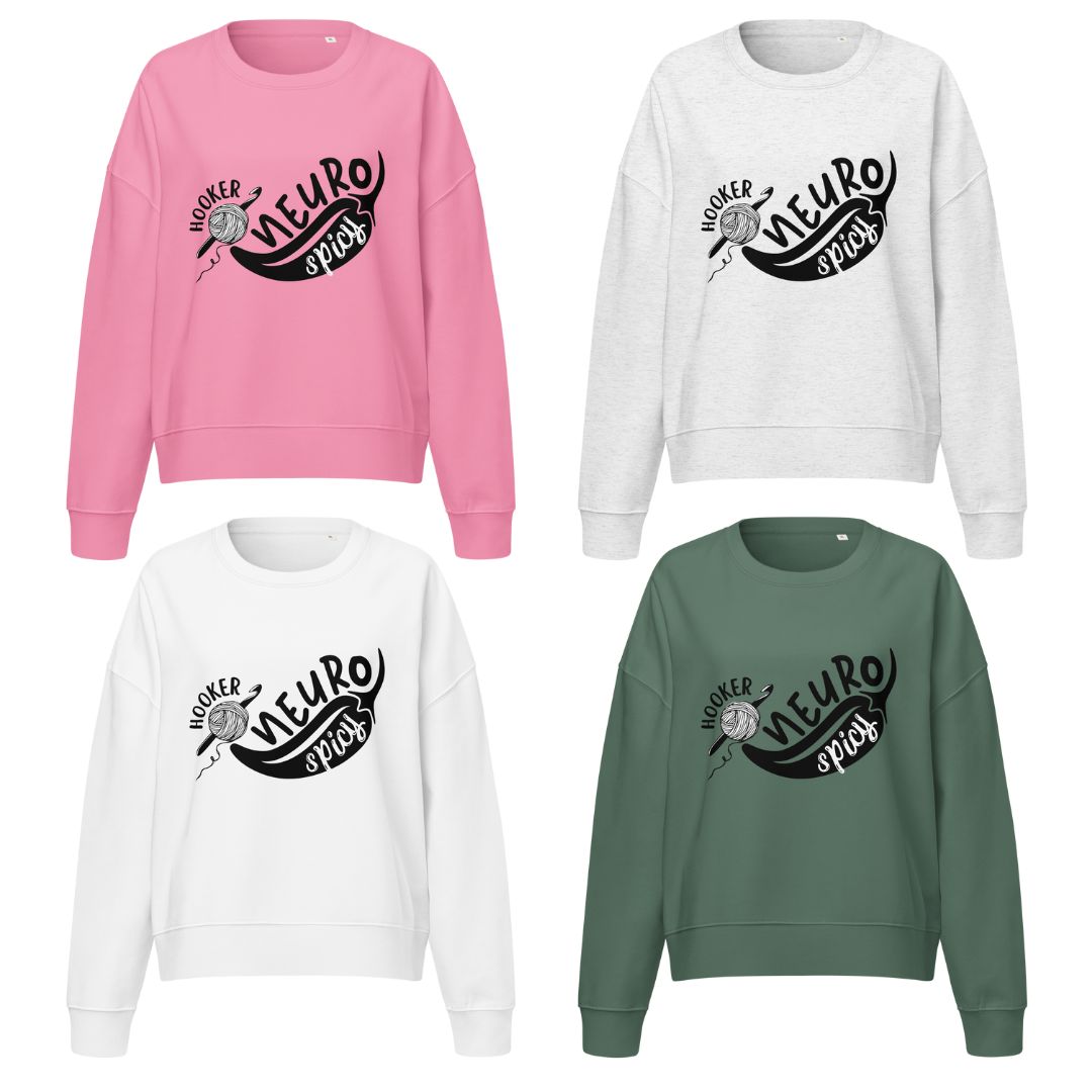 NeuroSpicy Hooker cropped sweatshirts in pink, white, green, and heather gray
