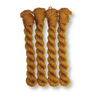 Four twisted skeins of mustard yellow yarn, arranged vertically on a white background with soft drop shadows.