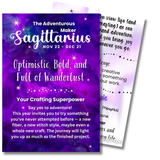 Sagittarius Zodiac 5x7 keepsake card, The Adventurous Maker, shown front and back