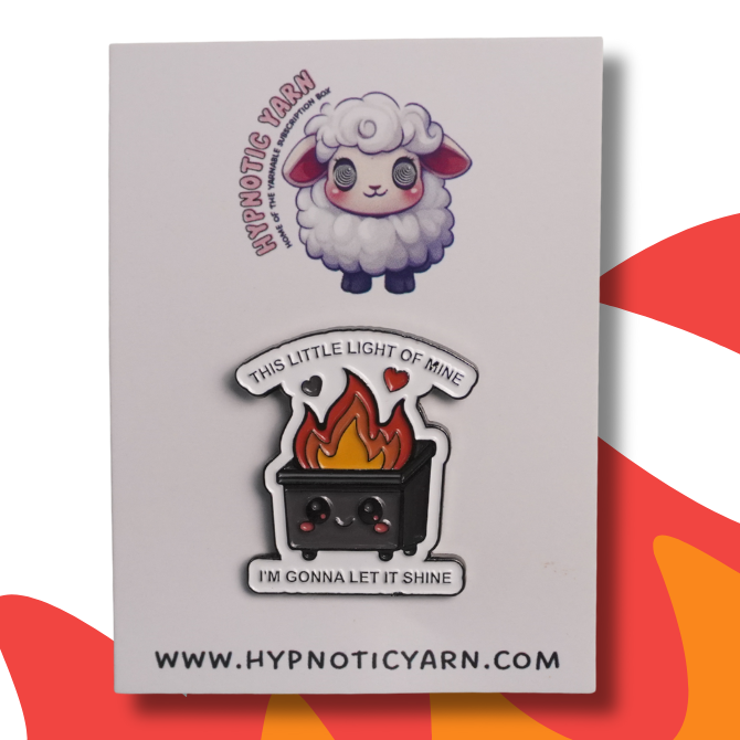 Hypnotic Yarn product card with  sheep logo and dumpster fire design with text This Little Light Of Mine, I'm Gonna Let It Shine.