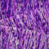 Hand-dyed yarn knit swatch in shades of purple, lavender, and soft pink