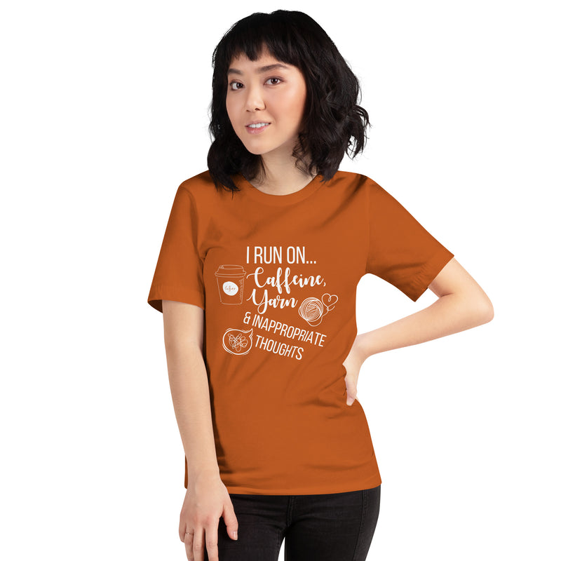 "I Run On Caffeine, Yarn, & Inappropriate Thoughts" Unisex Scoop Neck Tee