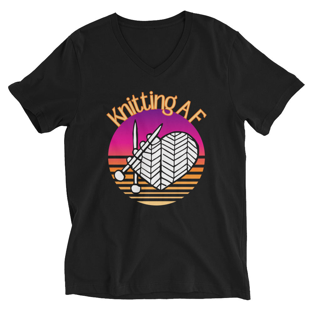 Black v-neck tee with the Knitting AF design in magenta and orange sunset stripes