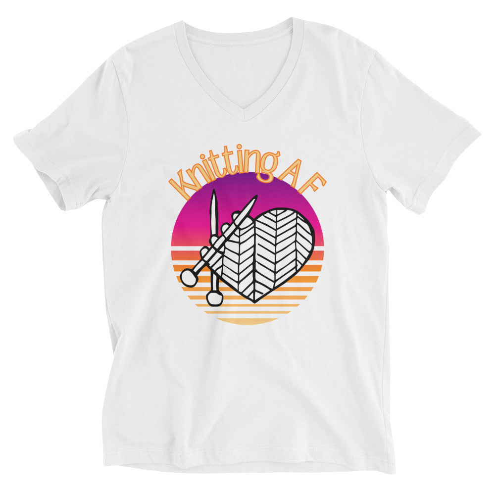 White v-neck tee with the Knitting AF design in magenta and orange sunset stripes
