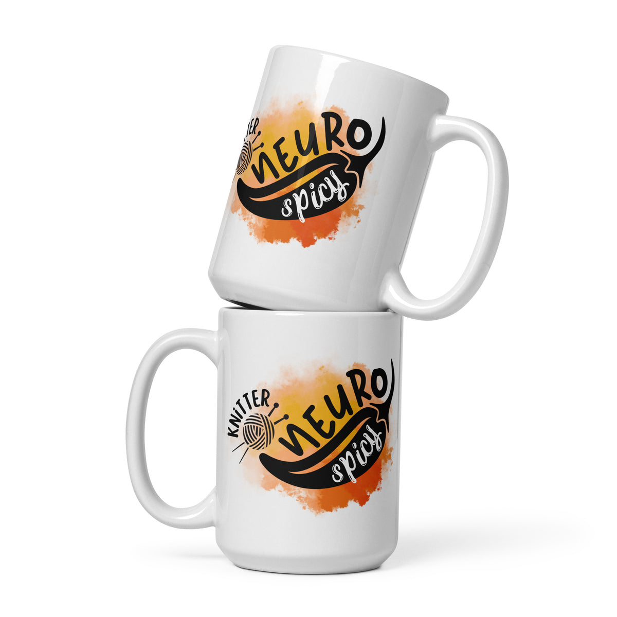 15 oz white mug with the NeuroSpicy Knitter design and an orange watercolor splash, stacked two high