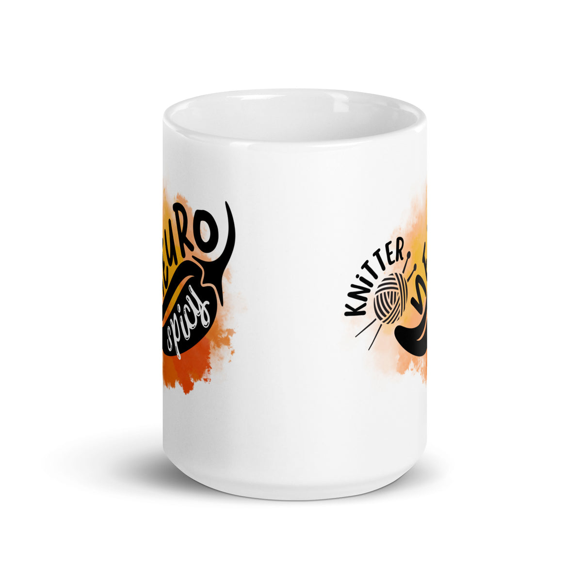 15 oz white mug with the NeuroSpicy Knitter design and an orange watercolor splash, side view showing the print on both sides