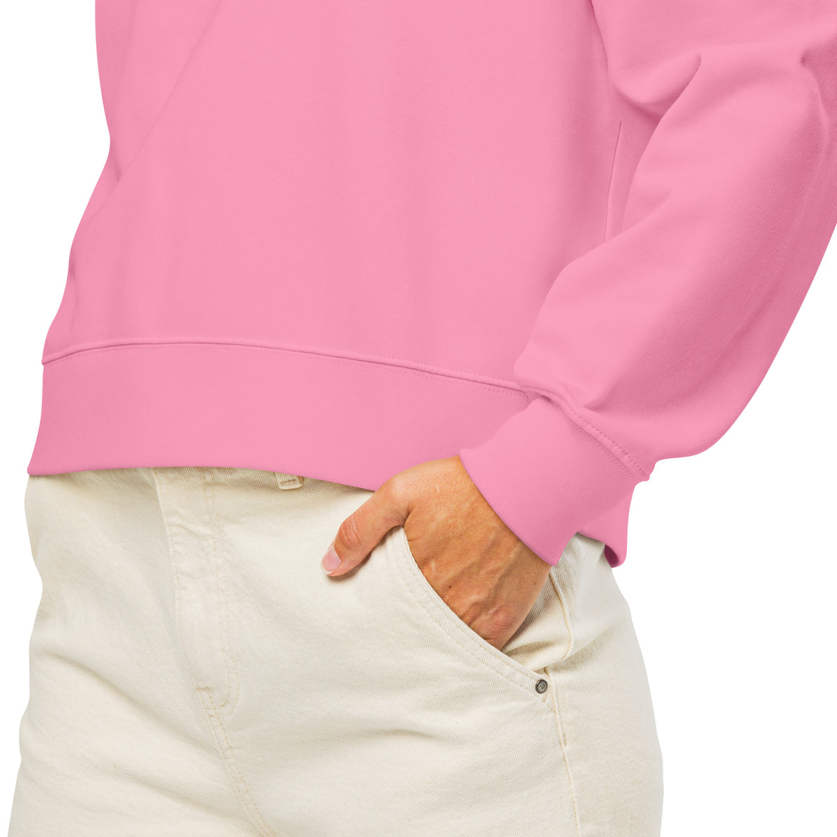 Close-up of the bubble pink NeuroSpicy sweatshirt fabric and ribbed cuff