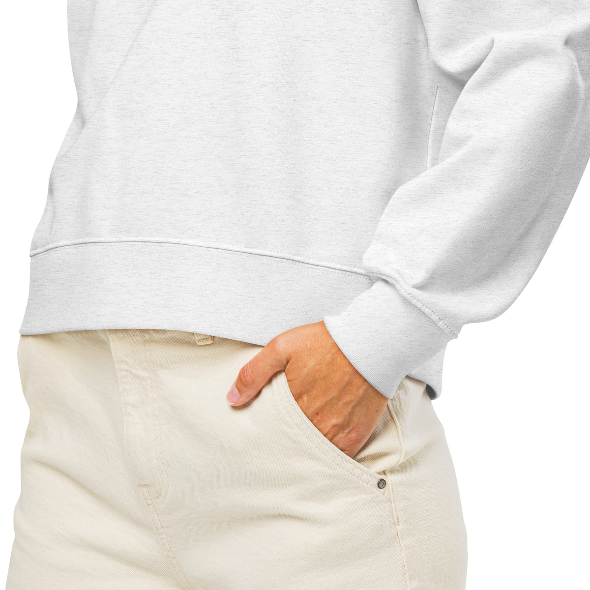 Close-up of the heather gray NeuroSpicy sweatshirt fabric and ribbed cuff