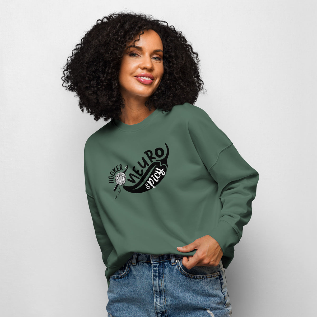 Dark green cropped organic sweatshirt with the NeuroSpicy Hooker design