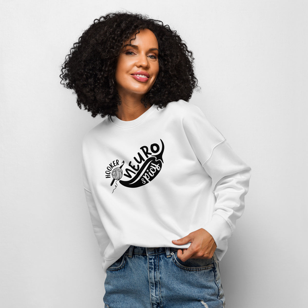 White cropped organic sweatshirt with the NeuroSpicy Hooker design