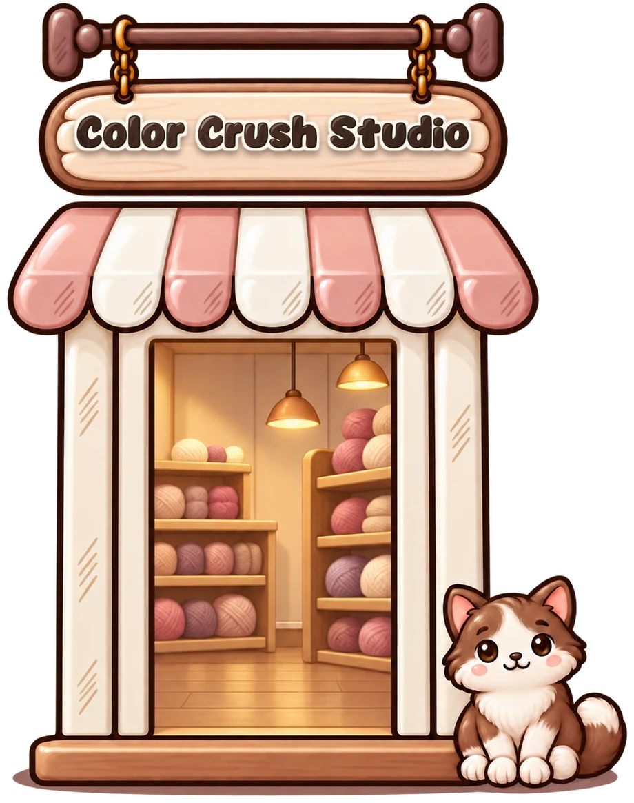 The Color Crush Studio storefront: a cream door with a glass window under a pink and white striped awning, with a kitty sitting by the step and palette cards fanned out behind it