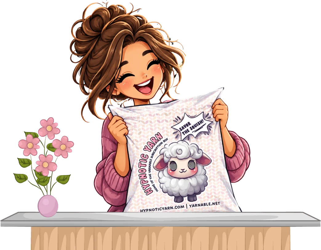 A smiling Yarnable member holding up her Hypnotic Yarn mailer at a counter