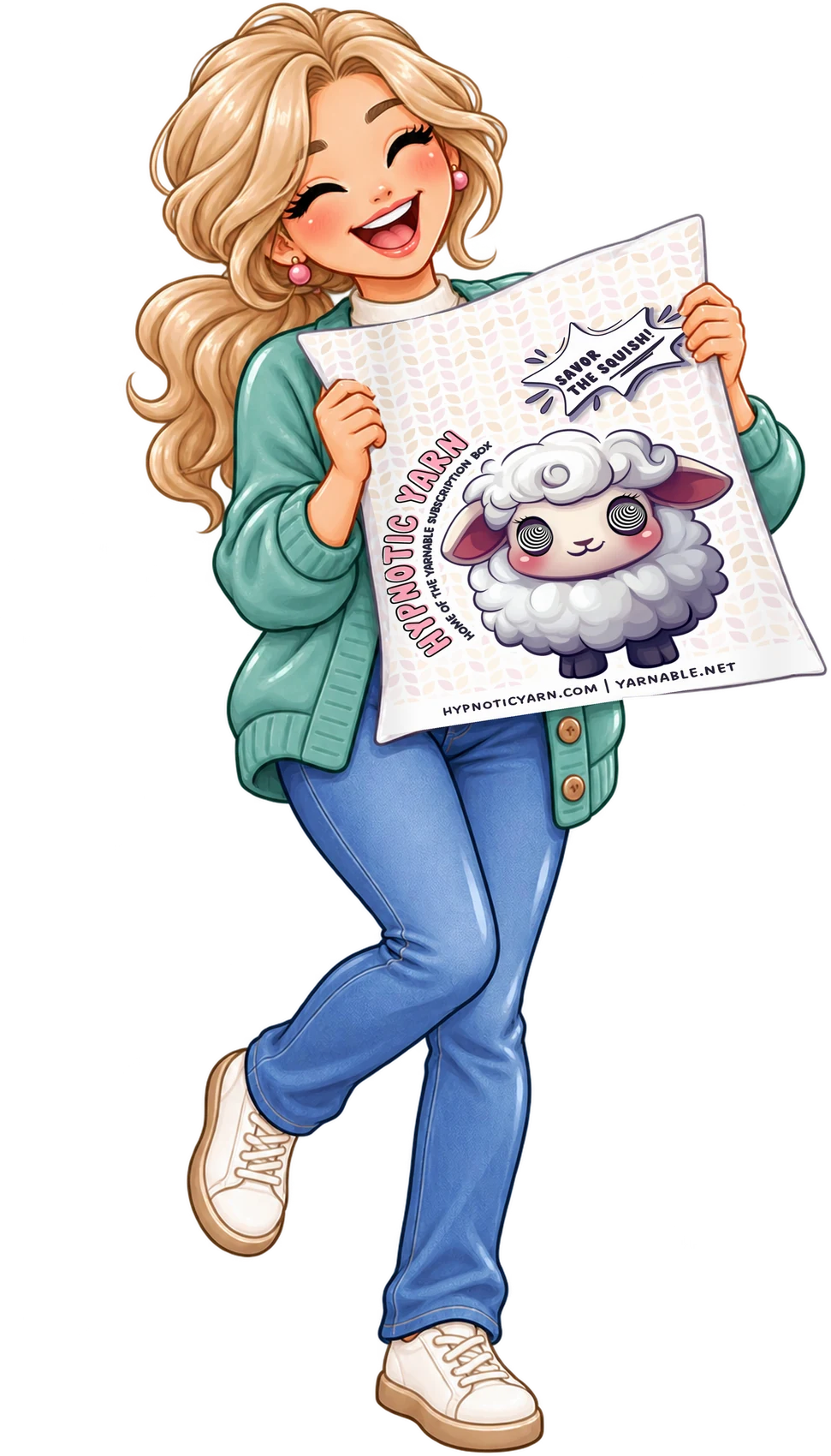 A Yarnable member grinning and hugging her Yarnable mailer